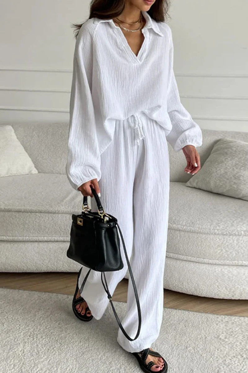 Casual Simplicity Solid Frenulum Turndown Collar Long Sleeve Two Pieces RE5217 Furdela