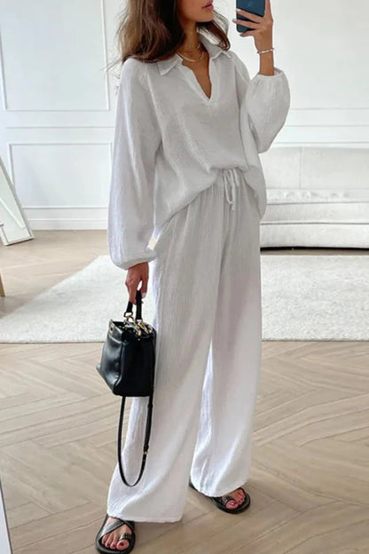 Casual Simplicity Solid Frenulum Turndown Collar Long Sleeve Two Pieces RE5217 Furdela