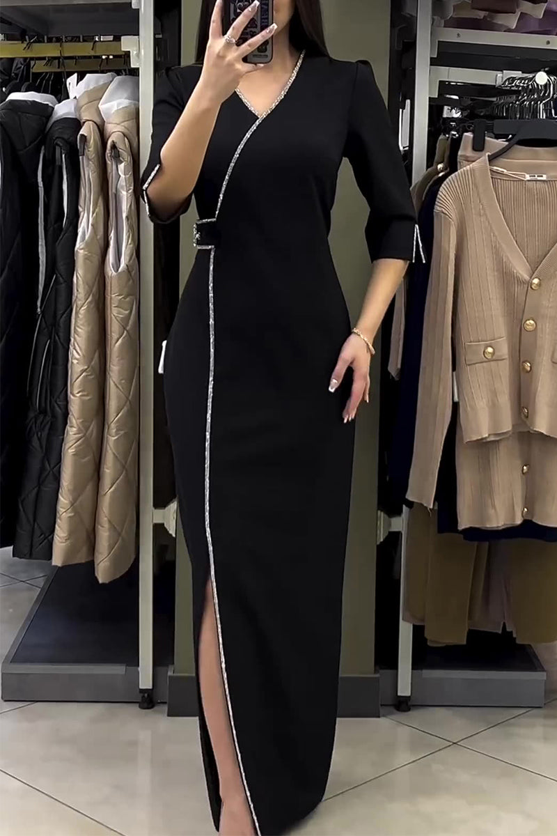 Elegant Solid Hot Drill V Neck Irregular Dress Dresses RE5216 Furdela