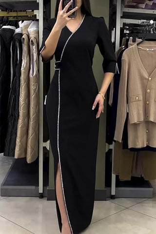 Elegant Solid Hot Drill V Neck Irregular Dress Dresses RE5216 Furdela