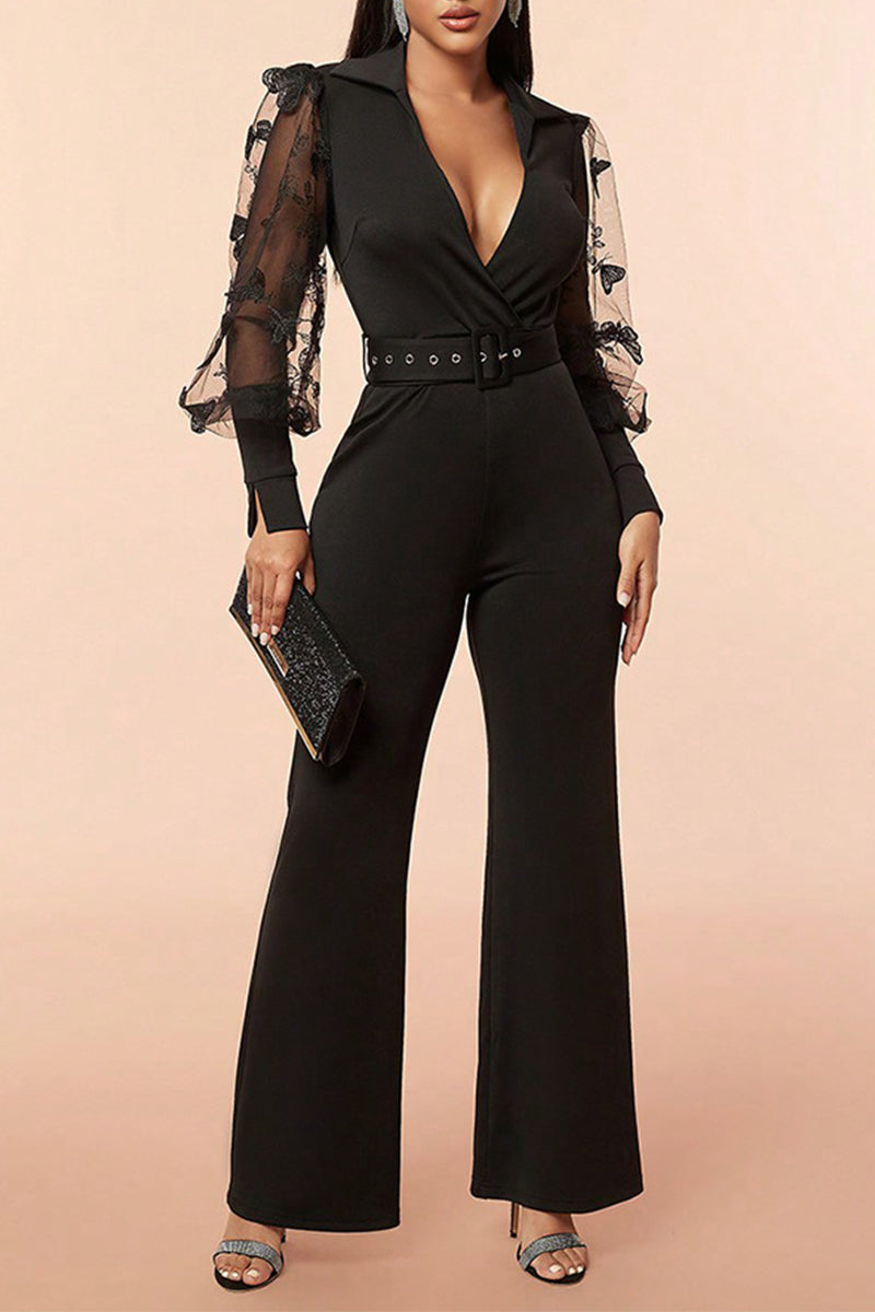 Sexy Solid Mesh V Neck Loose Jumpsuits RE5218 Furdela