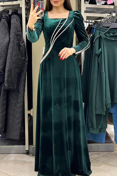 Elegant Solid Patchwork Hot Drill Square Collar Princess Dresses RE5220 Furdela