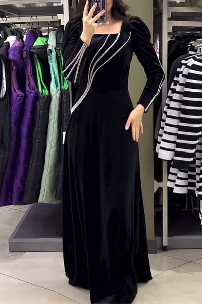 Elegant Solid Patchwork Hot Drill Square Collar Princess Dresses RE5220 Furdela