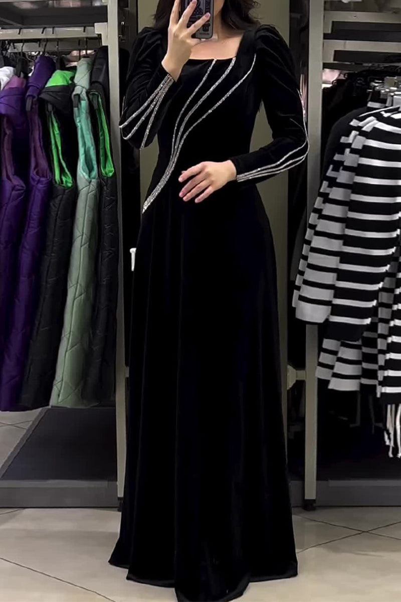 Elegant Solid Patchwork Hot Drill Square Collar Princess Dresses RE5220 Furdela