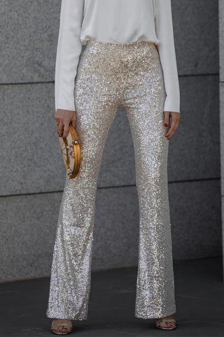 Casual Solid Sequins Straight Mid Waist Speaker Solid Color Bottoms RE5223 Furdela