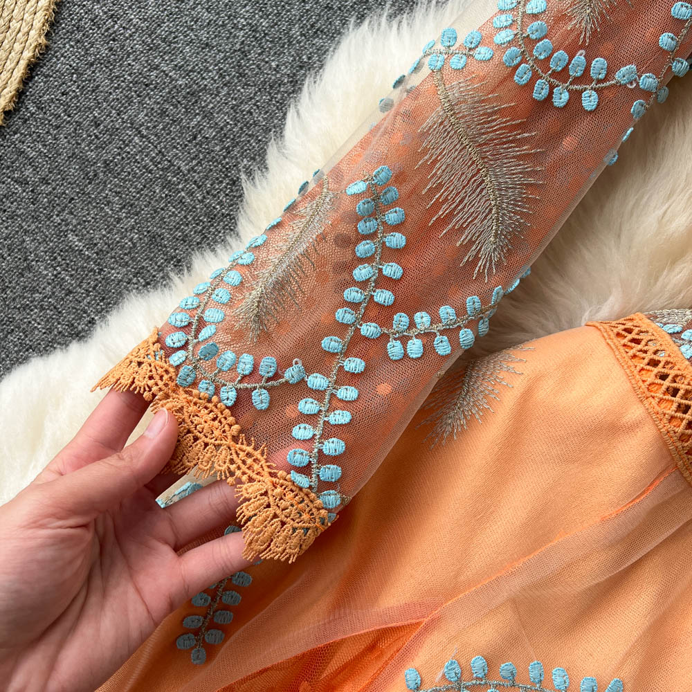 Italian Orange V-Neck Embroidery Tulle Long Sleeve Dress AR1005 shopify