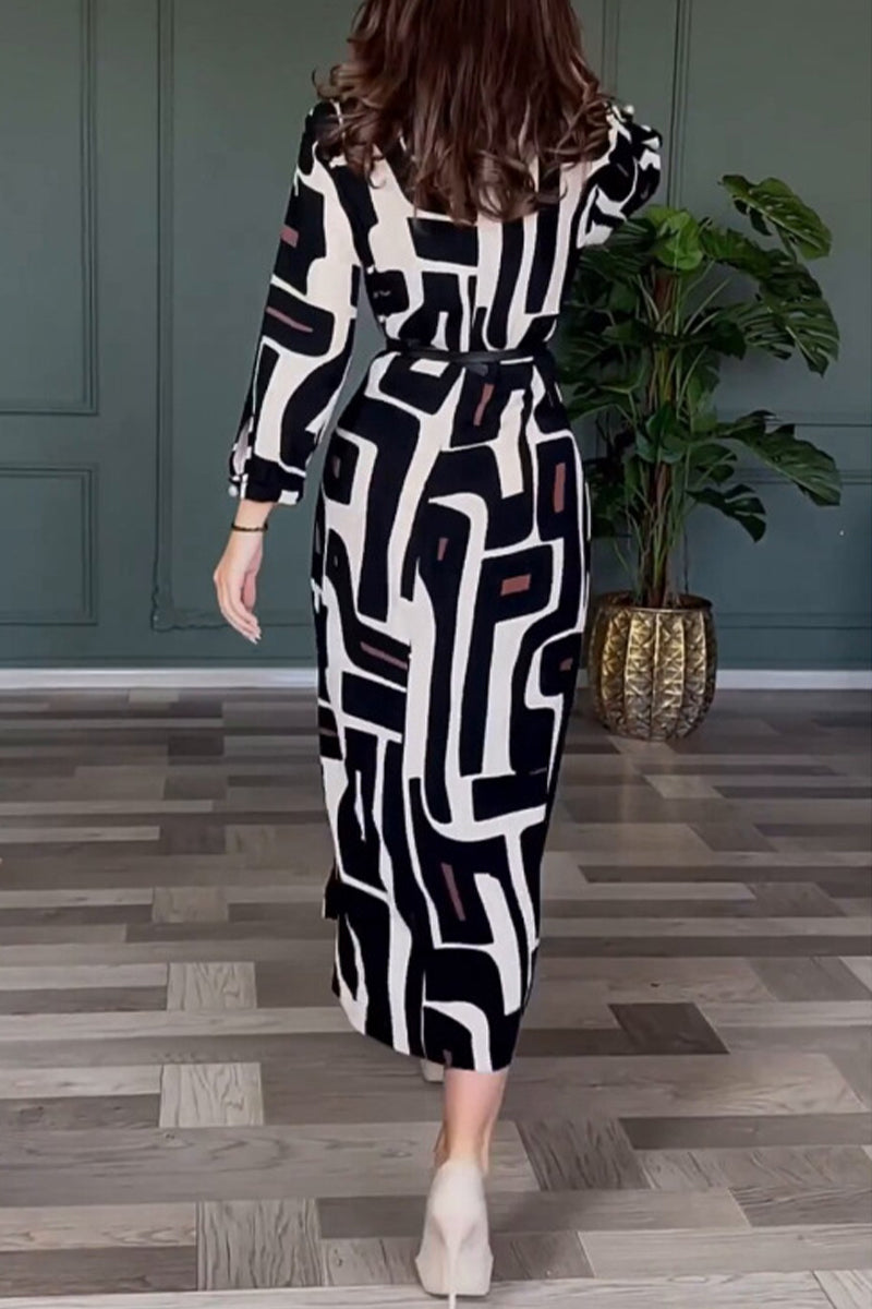 Vintage Geometric Print Slit With Belt O Neck One Step Skirt  RE5225 Furdela