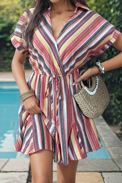 Casual Striped Print Frenulum V Neck Printed Dress Dresses RE5230 Furdela