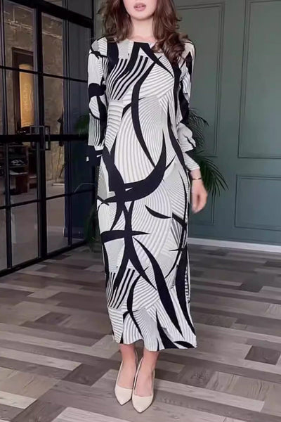 Elegant Striped Print With Belt Zipper O Neck A Line Dresses Furdela