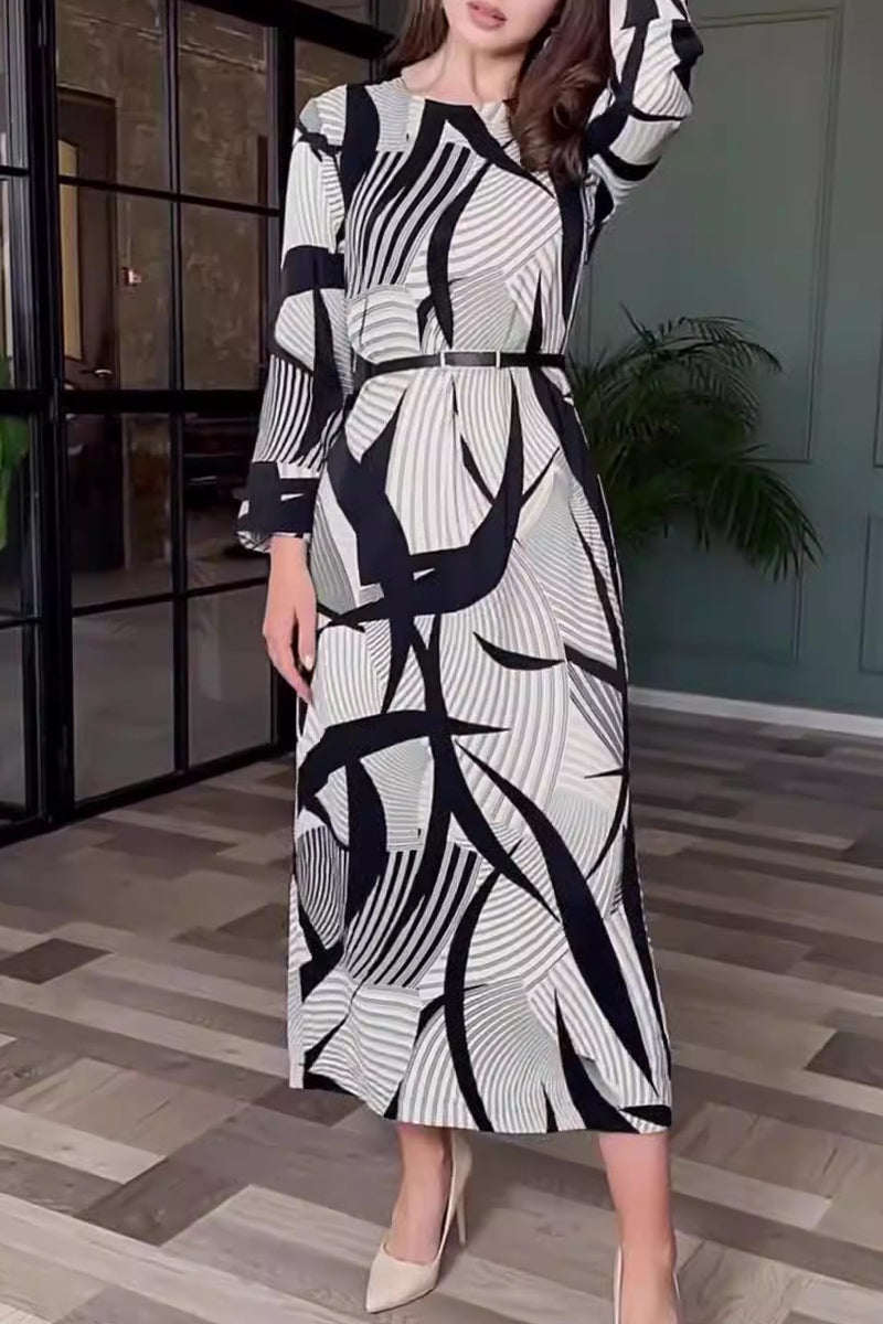 Elegant Striped Print With Belt Zipper O Neck A Line Dresses Furdela