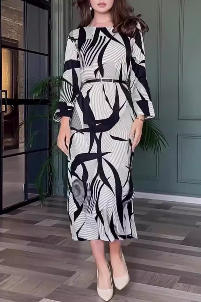 Elegant Striped Print With Belt Zipper O Neck A Line Dresses Furdela