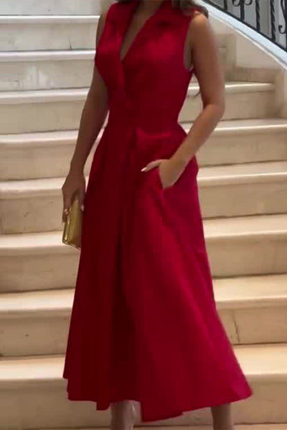 Elegant Solid Pocket Fold Turndown Collar Shirt Dress Dresses Furdela