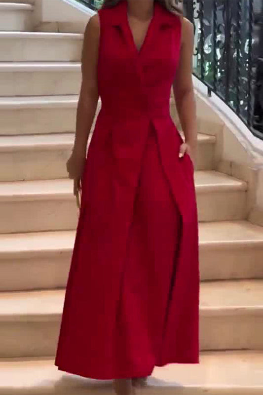 Elegant Solid Pocket Fold Turndown Collar Shirt Dress Dresses Furdela