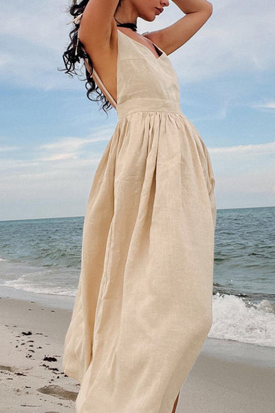Sexy Vacation Solid Bandage Backless V Neck Beach Dress Dresses Furdela