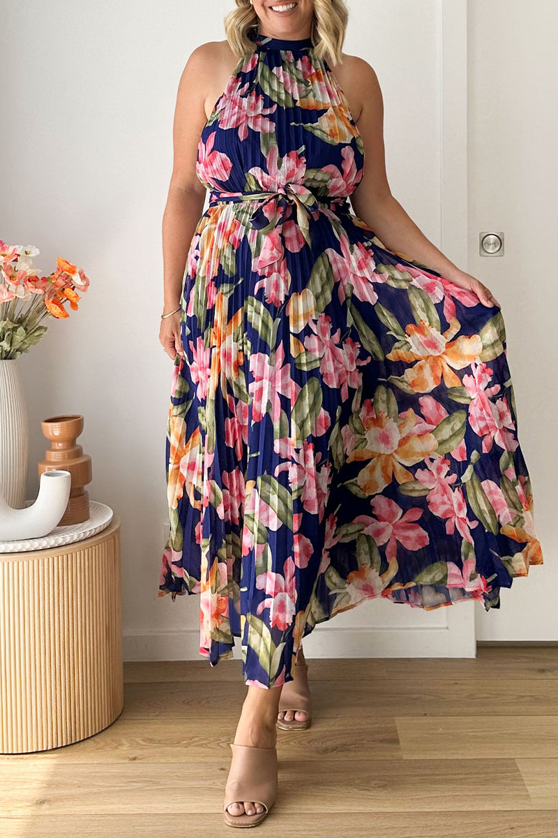 Vintage Elegant Floral Frenulum Halter Printed Dress Dresses Furdela