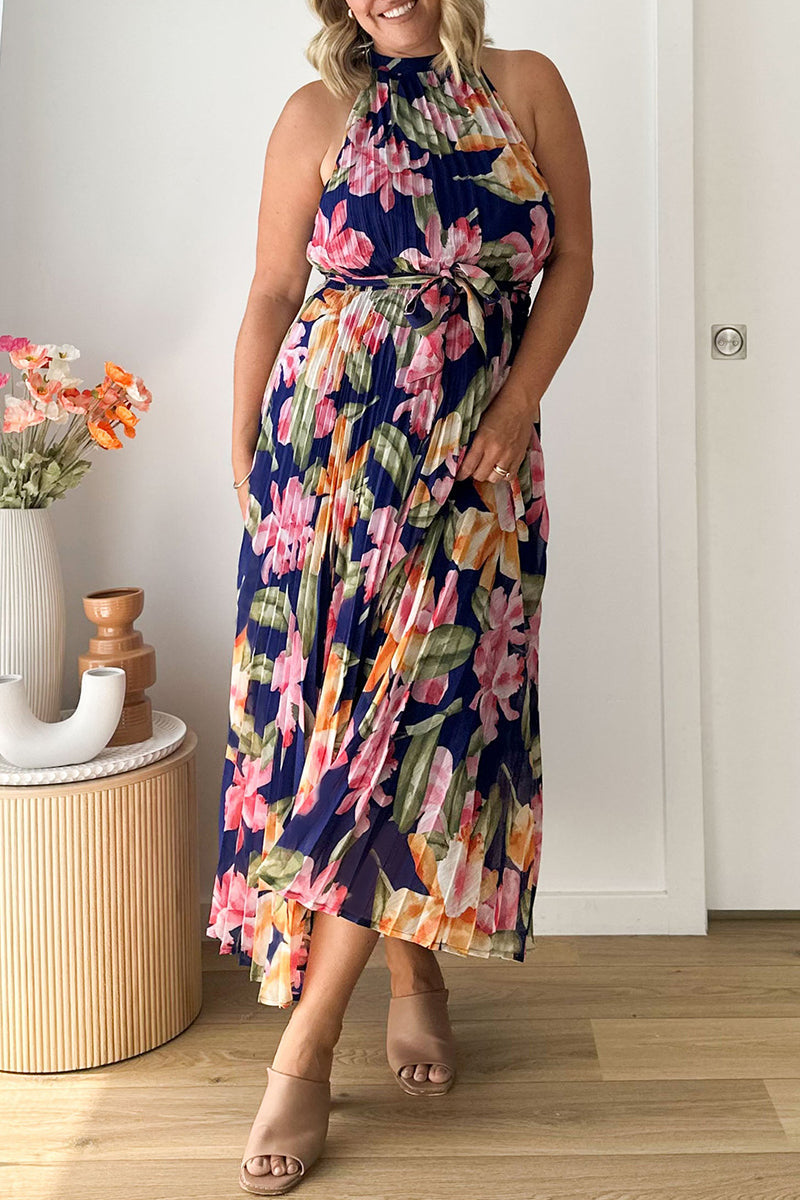 Vintage Elegant Floral Frenulum Halter Printed Dress Dresses Furdela