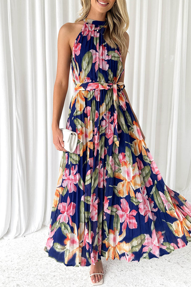 Vintage Elegant Floral Frenulum Halter Printed Dress Dresses Furdela