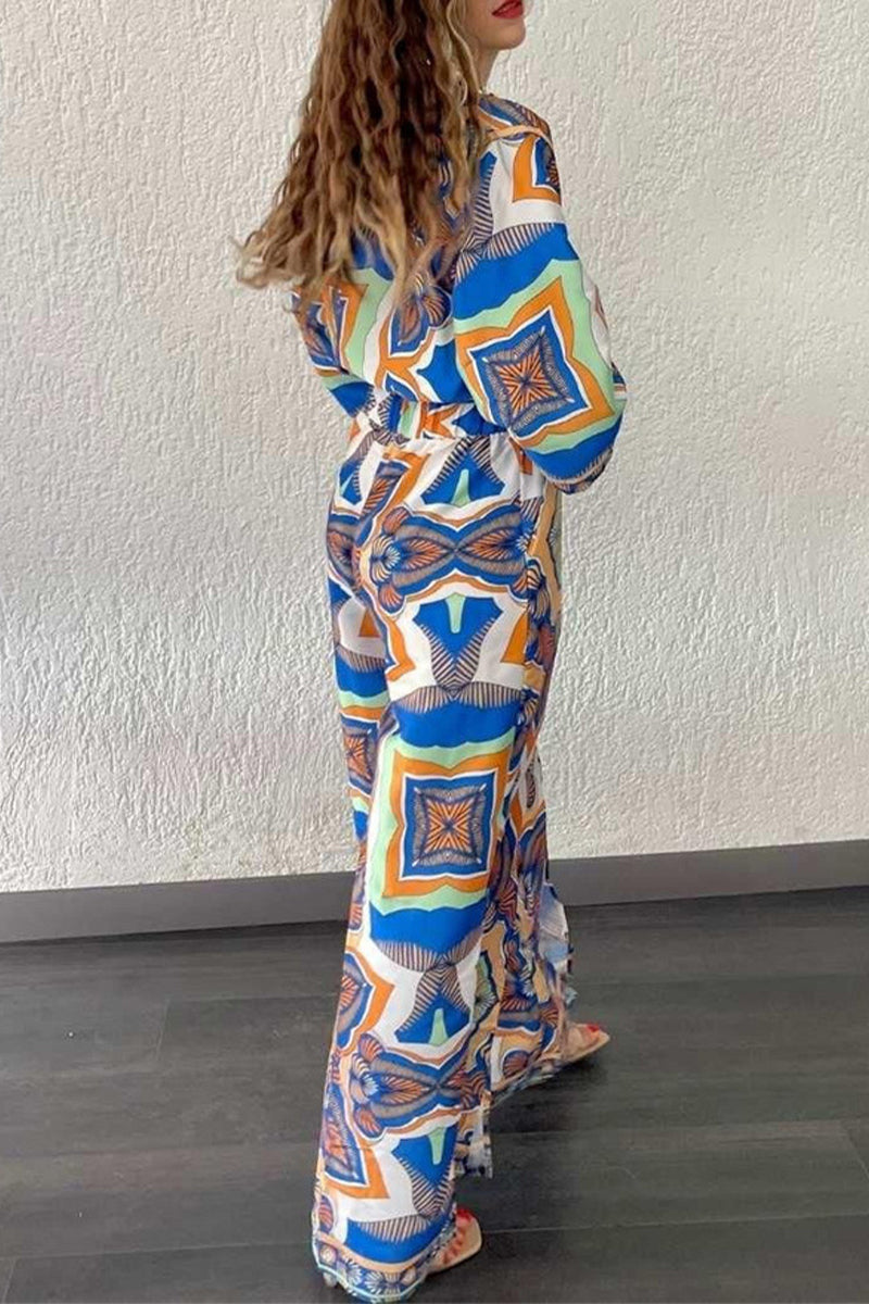 Casual Vintage Geometric Print Pocket Slit V Neck Long Sleeve Two Pieces Furdela