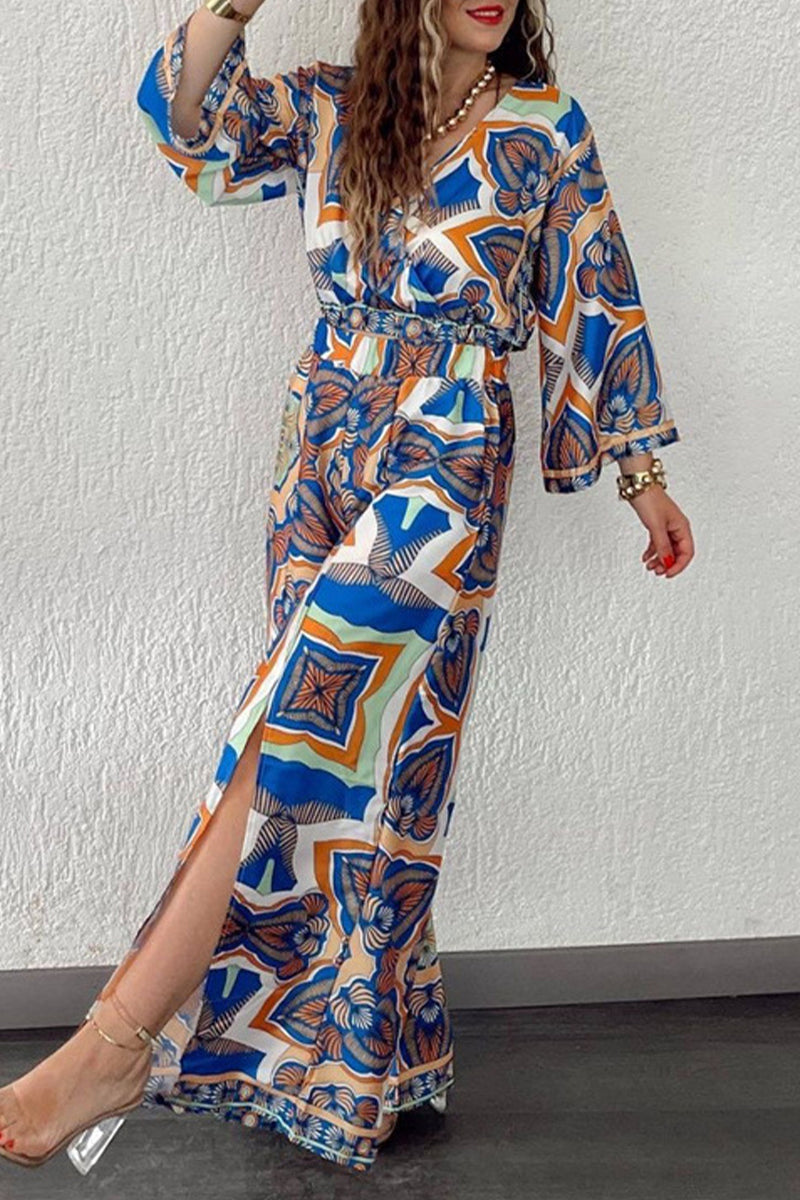 Casual Vintage Geometric Print Pocket Slit V Neck Long Sleeve Two Pieces Furdela