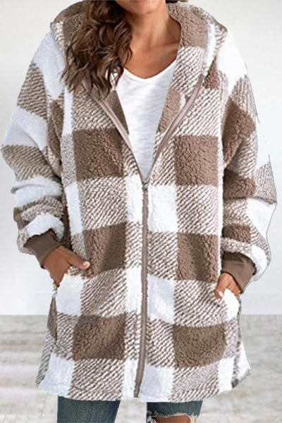 Casual Plaid Frenulum Contrast Zipper Hooded Collar Outerwear Furdela