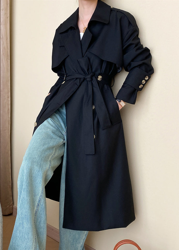 Black Button Cotton Long Trench Coat Peter Pan Collar Fall AF1034 HS-TCT240914