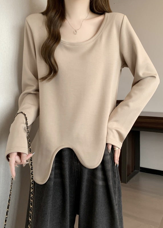 Simple Khaki O Neck Asymmetrical Design Cotton T Shirts Fall QC044 shopify