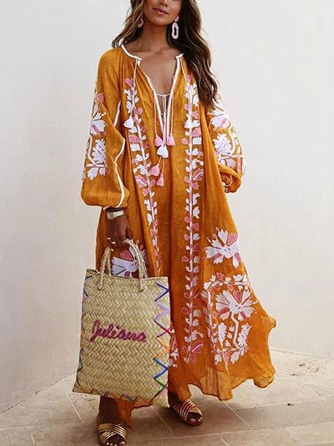 Women Printed Boho Casual Dress V Neck Holiday Maxi Dress MMr12 Furdela