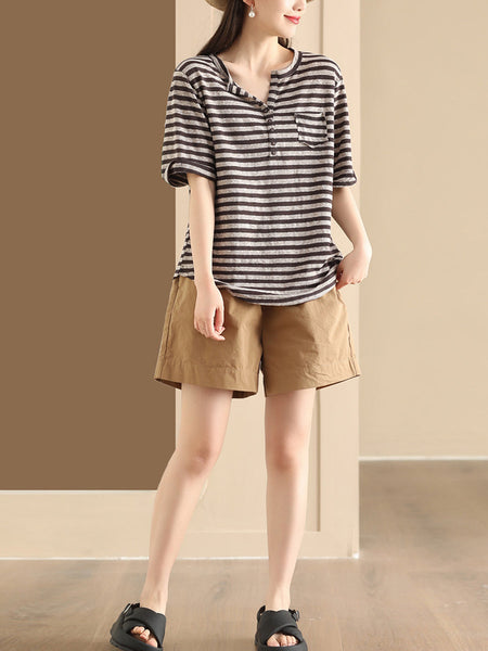 Women Sumer Casual Stripe V-Neck Button Shirt II1019 BUYKUD