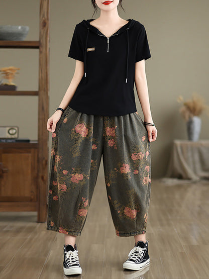 Women Summer Vintage Flower Denim Harem Pants LL034 BUYKUD