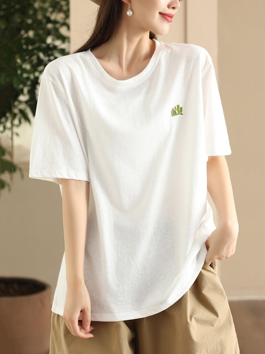 Women Summer Casual Solid Embroidery O-Neck Cotton Shirt CX060 JPFS