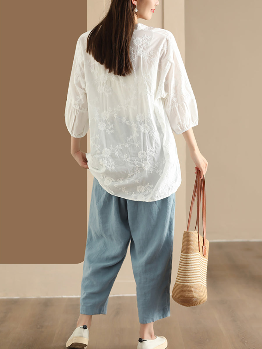 Women Summer Artsy Flower Jacquard Thin Button Cotton Shirt CX037 JLFZ