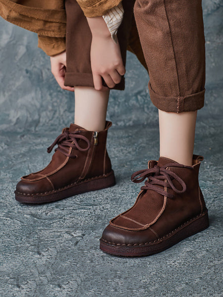 Women Winter Retro Leather Spliced Flat Boots QM025 BUYKUD