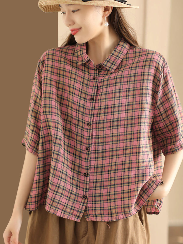 Women Artsy Plaid Summer Button-up Linen Shirt KL1012 Ada Fashion