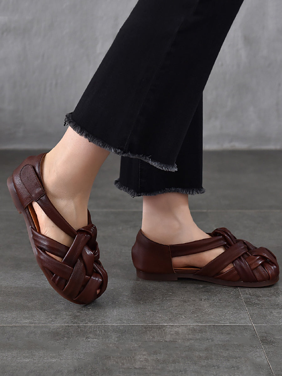 Summer Leather Flat Retro Women Weave Genuine Shoes FashionChic