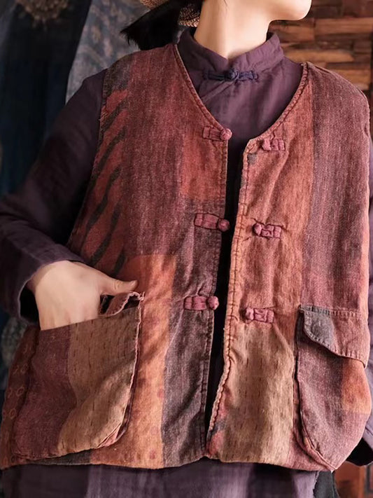 Women Retro Print Linen Cotton Padded Vest AT1078 JSHY