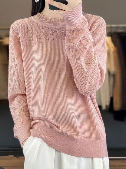 Women Autumn Solid Lace Knit Sweater QM030 BK