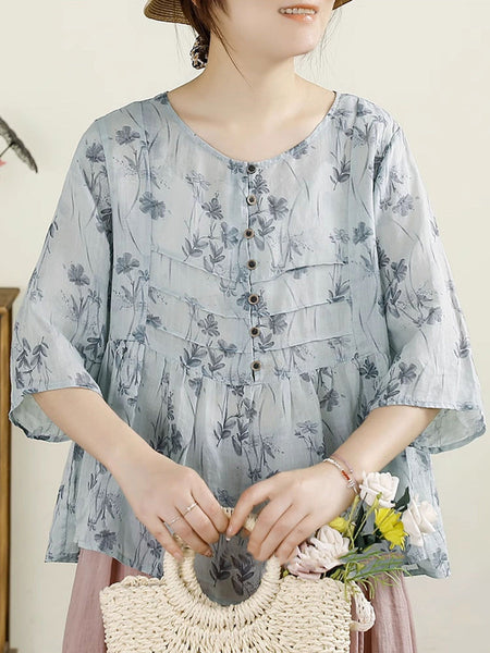 Women Summer Artsy Floral Button Spliced O-Neck Ramie Shirt HH003 BUYKUD