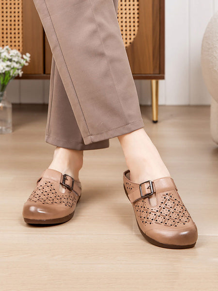 Heel Hollow Out Genuine Low Leather Women Shoes Vintage FashionChic