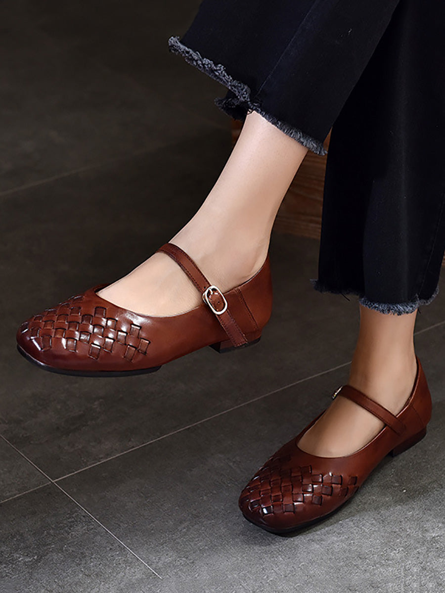 Women Summer Casual Leather Weave Low-Heel Shoes LL004 BUYKUD