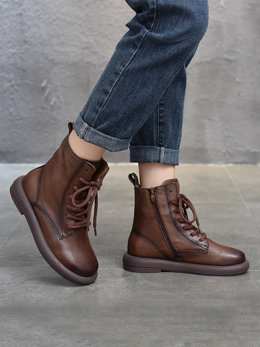 Women Genuine Leather Soft Zipper Mid Heel Martin Boots QU022 TZTJ