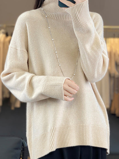 Women Autumn Casual Turtleneck Solid 100%Wool Sweater QU012 BK