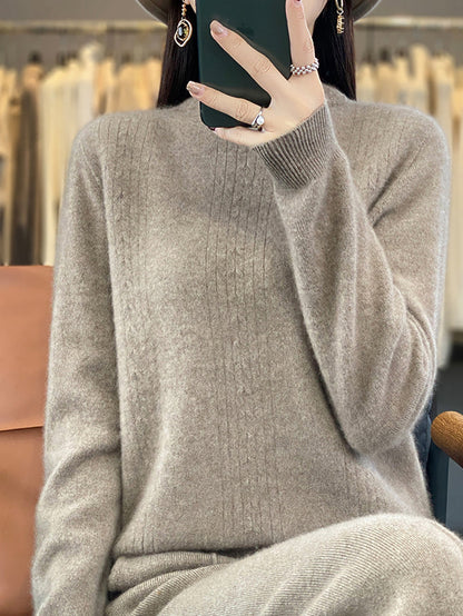 Women Autumn Solid Cable Knit 100%Wool Half Turtleneck Sweater QN028 BK