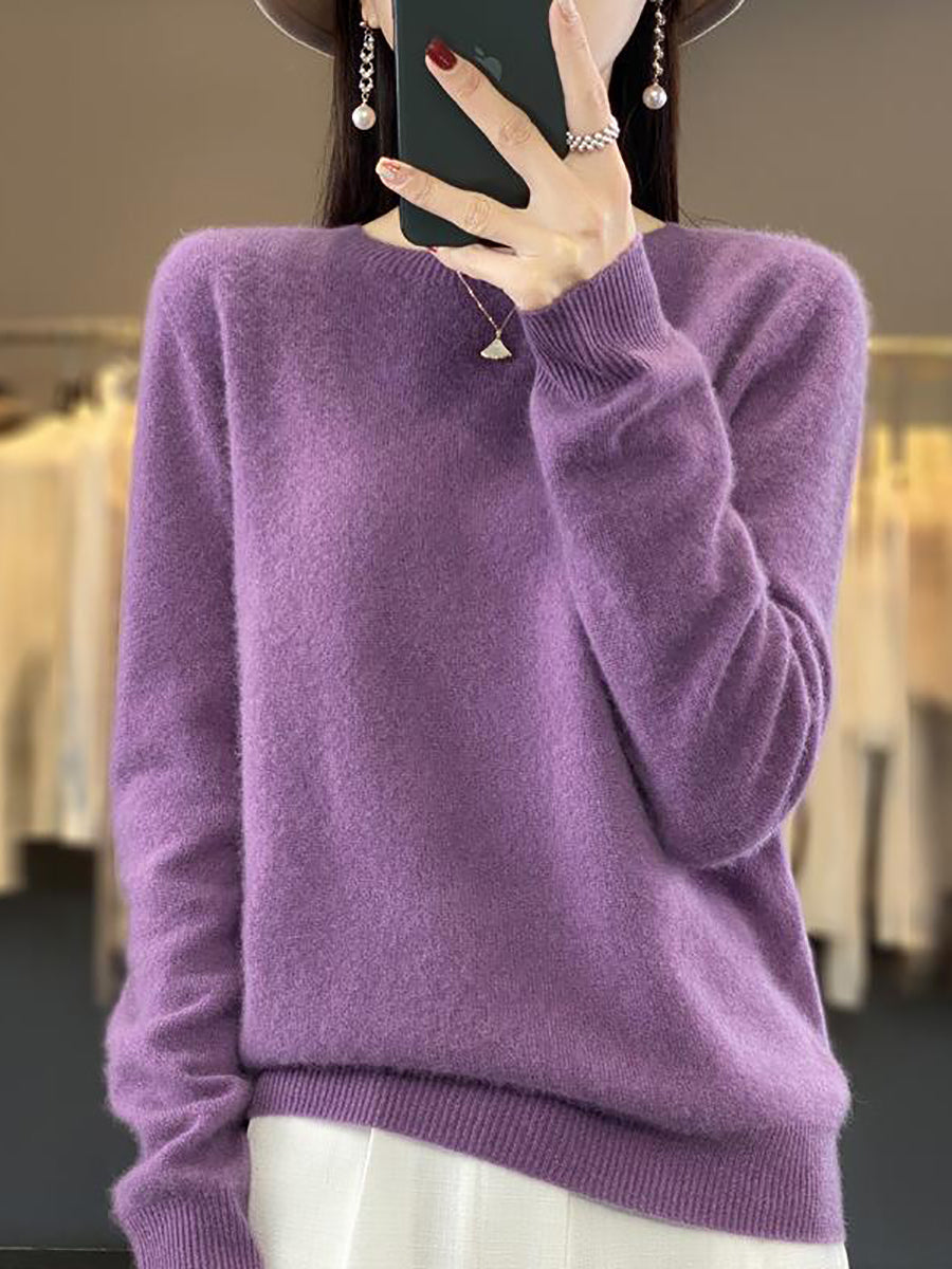 Women Autumn Solid Knit 100%Wool O-Neck Sweater WU023 BK