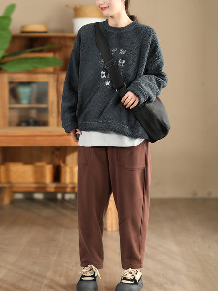 Women Autumn Vintage Cotton Fleece-lined Harem Pants WG014 BK