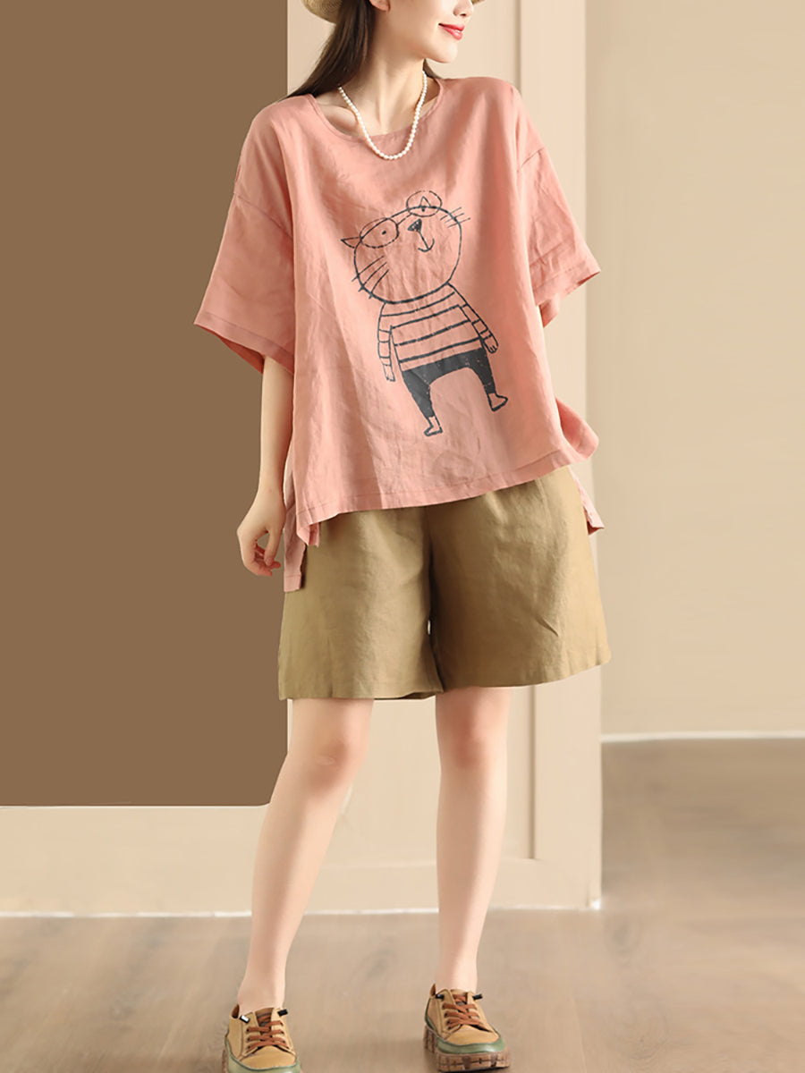 Women Summer Cartoon Cat Print Ramie Pullover Shirt OO1034 BUYKUD