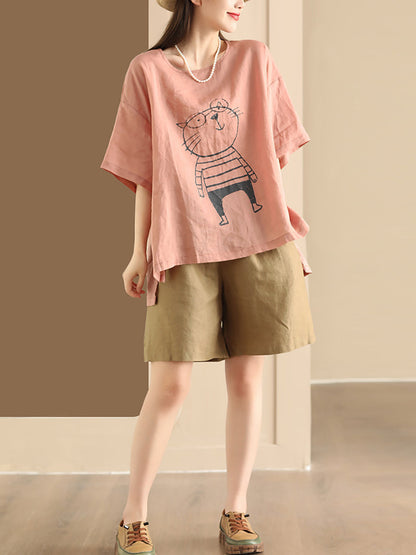 Women Summer Cartoon Cat Print Ramie Pullover Shirt OO1034 BUYKUD