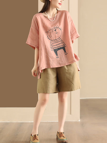 Women Summer Cartoon Cat Print Ramie Pullover Shirt OO1034 BUYKUD