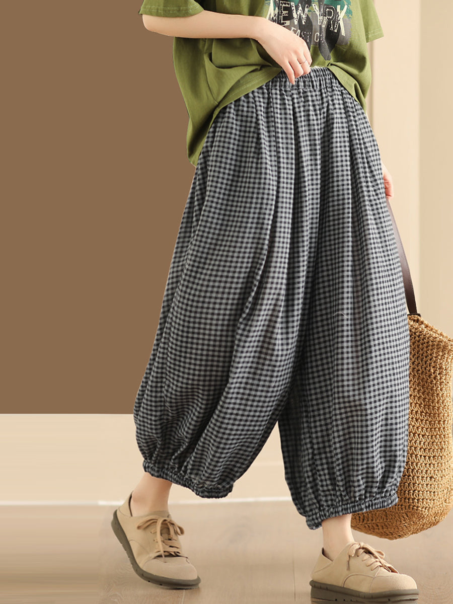 Women Summer Vintage Plaid Cotton Harem Pants BN1021 Ada Fashion