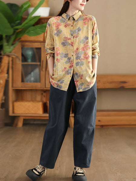 Women Autumn Vintage Flower Button-up Shirt AI1040 BUYKUD