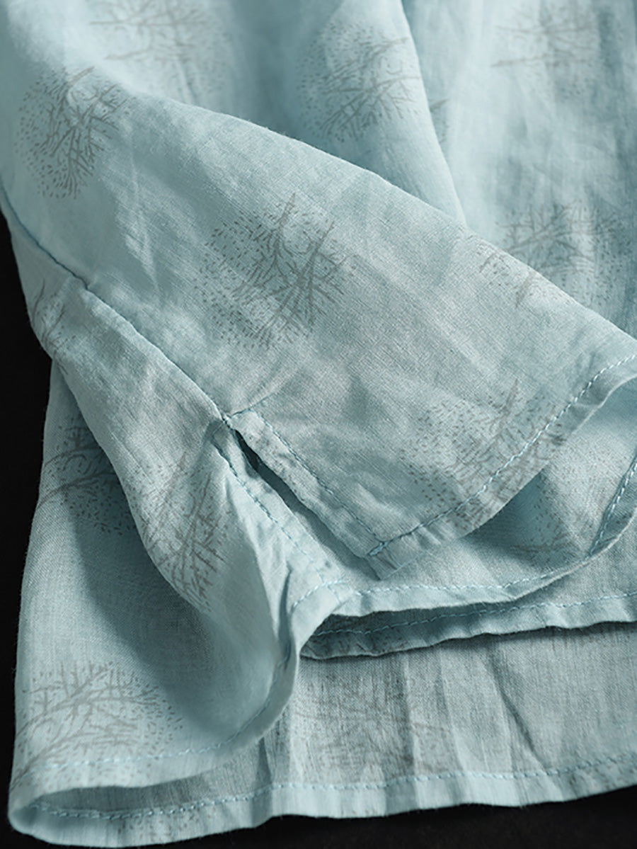 Women Summer Artsy Flower Stand Collar Ramie Shirt LL040 BUYKUD